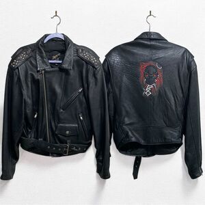 Vintage Tannery West Black Leather Studded Biker Moto Jacket Skull Patch Size S